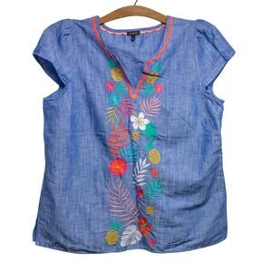 Women's Large TALBOTS Shirt Split Neck Linen Blend Embroidered Tunic Top